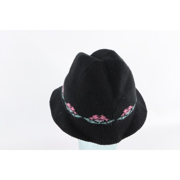 Vintage 80s Mid Mod Floral Flower Knit Fedora Hat Jones Cap Black Union Made USA main image 5